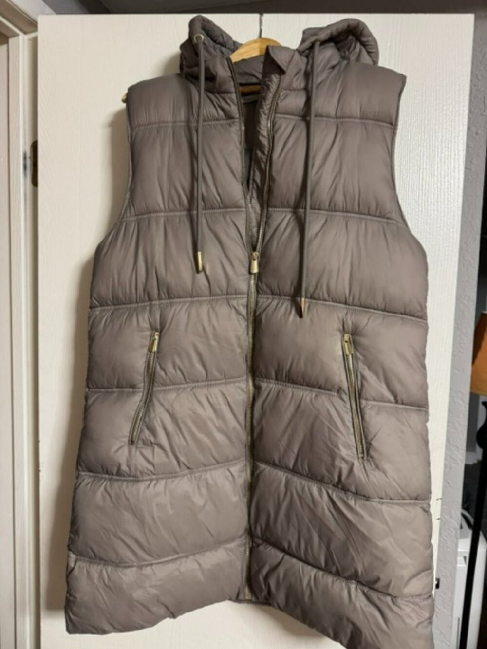 Dex Long Hooded Puffer Vest | | Taupe with Gold Hardware | Large